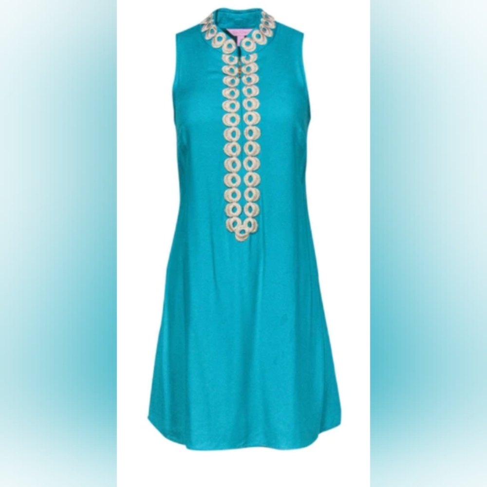 Women's Lilly Pulitzer Size 00 Turquoise Jane Shift Sleeveless Dress Gold Detail